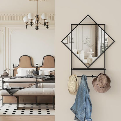 Black Entryway Mirror with Hooks, 26" X 30" Wall Mirror with Hooks, Bathroom Mirror with Shelf, Rectangular Framed Wall Mirror with Shelf and Hooks