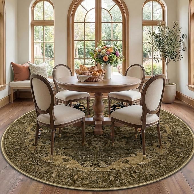 RELEANY Area Rugs Round 7ft Washable Non-Slip, Floral Vintage Distress Print Pattern Medallion Carpet for Living Room Bedroom Dining Room, Brown Dark Brown