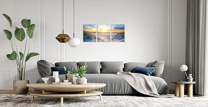 TutuBeer 3 Pcs Beach Pictures Ocean Pictures Wall Decor White Beach with Dunes and Grass Picture Print on Canvas Ocean Seascape Paintings Canvas Art Prints Wall Decor Ready to Hang 16" x 32" x 3