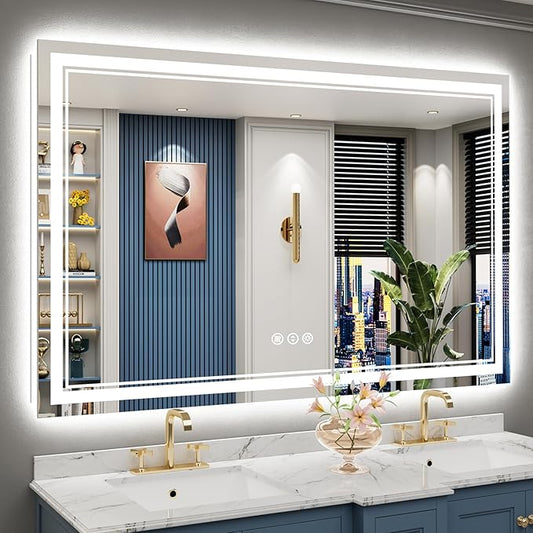 60x40 LED Bathroom Mirror with Lights, Backlit and Front Lit Anti-Fog Lighted Vanity Mirrors for Bathroom Wall, Dimmable, 3-Color Light, Memory, Shatter-Proof, HD Tempered Glass, CRI＞90