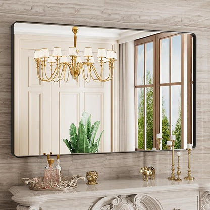 JISOSO Black Bathroom Mirror 48X30 Inch, Black Metal Framed Mirror for Wall, Rounded Rectangle Matte Bathroom Vanity Mirror with Tempered Glass, Anti-Rust, Horizontal/Vertical