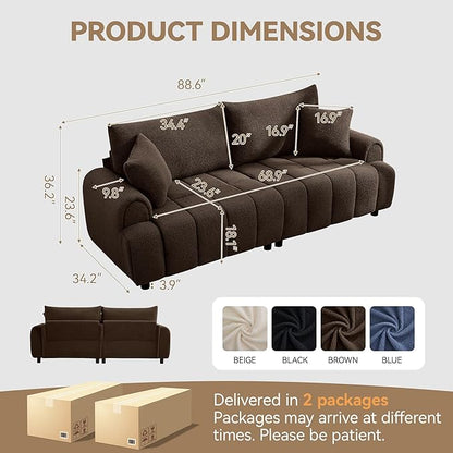 88 "Modern Boucle Sofa Couch, Oversized Comfy 3 Seater Sherpa Curved Sofas Deep Seat, Upholstered Loveseat Teddy Round Arm Couches for Living Room, Bedroom, Brown