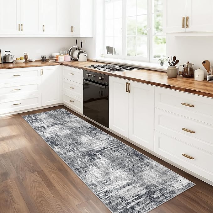 Grey Runner Rugs for Hallway: Abstract Washable Runner Rug 2x6 for Entryway Kitchen Bedroom Bathroom - Modern Cozy Home Decor Long Carpet Mat Stain-Resistant - Dark Grey