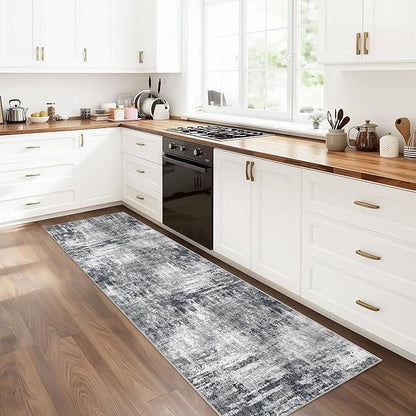 Grey Runner Rugs for Hallway: Abstract Washable Runner Rug 2x6 for Entryway Kitchen Bedroom Bathroom - Modern Cozy Home Decor Long Carpet Mat Stain-Resistant - Dark Grey