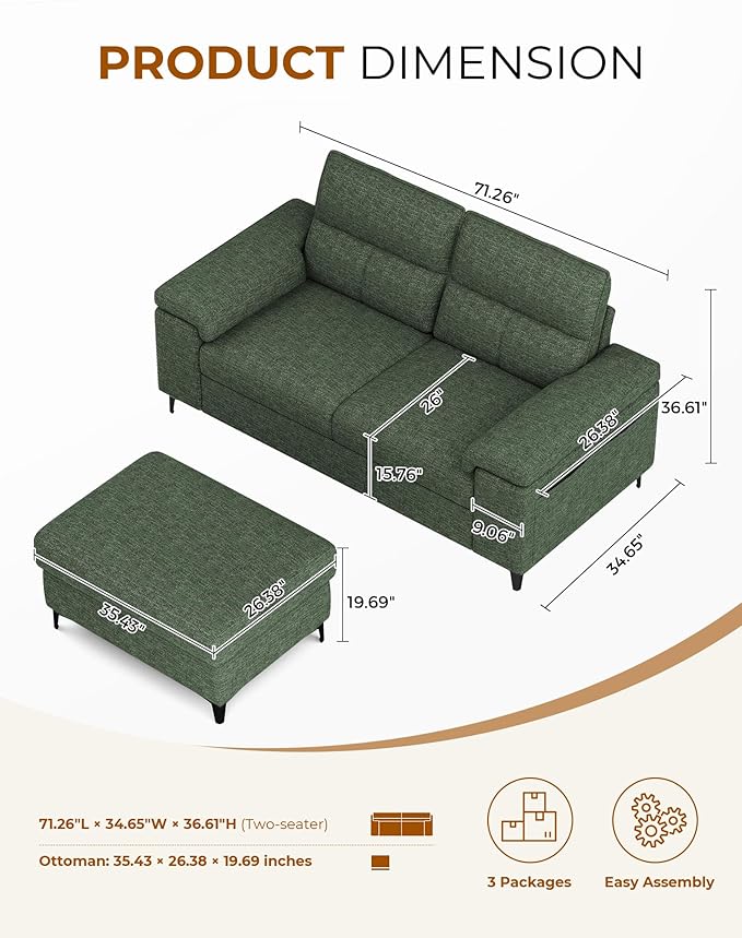 71.25" L Shaped Sectional Couches for Living Room, Deep Seat Sofa with Big Storage Ottoman & 8”Cushion, Comfy 2-Seater Chenille Loveseat, Convertible Armrest, Removable Cover for Small Space(Green)