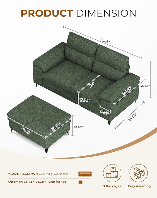 71.25" L Shaped Sectional Couches for Living Room, Deep Seat Sofa with Big Storage Ottoman & 8”Cushion, Comfy 2-Seater Chenille Loveseat, Convertible Armrest, Removable Cover for Small Space(Green)