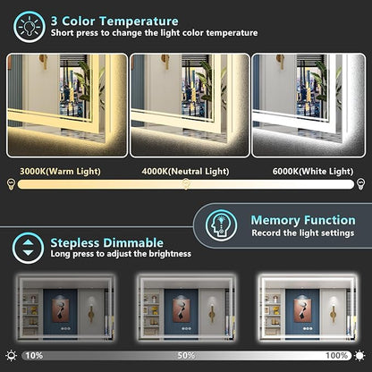 60x36 LED Bathroom Mirror with Lights, Backlit and Front Lit Anti-Fog Lighted Vanity Mirrors for Bathroom Wall, Dimmable, 3-Color Light, Memory, Shatter-Proof, HD Tempered Glass, CRI＞90