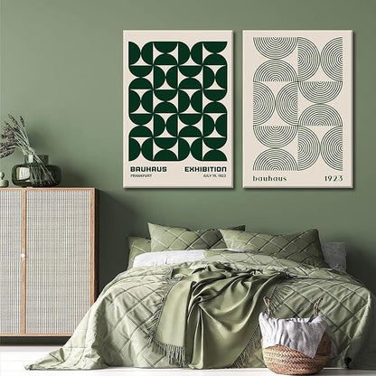 2Pcs Bauhaus Mid Century Modern Wall Art Retro Exhibition Posters Prints Green Boho Geometric Abstract Minimalist Wall Decor Pictures for Bedroom iving Room Dining Room Framed (Green, 16x24in Framed)