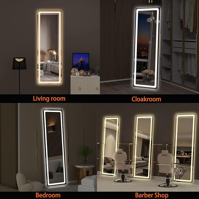Hasipu Full Length Mirror with Lights, 56" x 16" LED Floor, Full Body Dressing Standing, Hanging Mounted Mirror, Round White