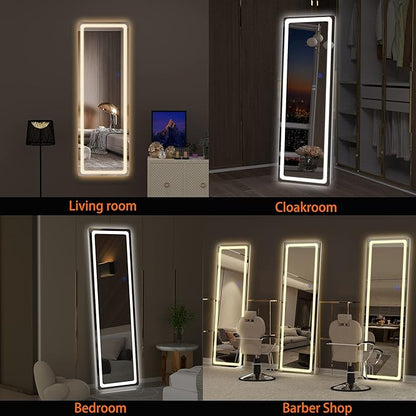 Hasipu Full Length Mirror with Lights, 56" x 20" LED Floor, Full Body Dressing Standing, Hanging Mounted Mirror, Round White