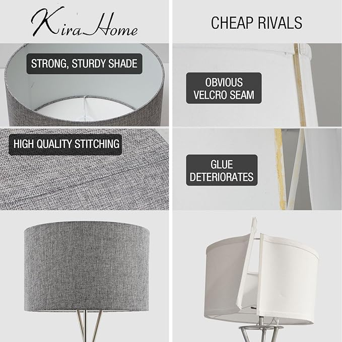 Kira Home Sadie 60" Modern Tripod Floor Lamp with Gray Linen Drum Shade, Mid Century Cross-Leg Standing Light with 9W LED Bulb, Brushed Nickel Finish