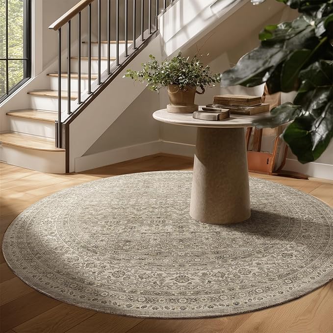 6ft Washable Round Rugs for Bedroom: Circle Living Room Rug Vintage Non Slip Low Pile Soft Faux Wool Non Shedding Boho Circular Rug for Entryway Kitchen Bathroom Office Dorm Entrance Nursery Indoor