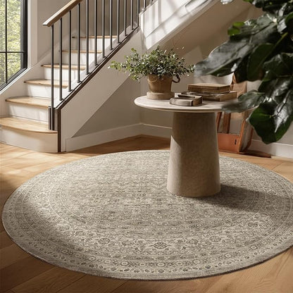 6ft Washable Round Rugs for Bedroom: Circle Living Room Rug Vintage Non Slip Low Pile Soft Faux Wool Non Shedding Boho Circular Rug for Entryway Kitchen Bathroom Office Dorm Entrance Nursery Indoor