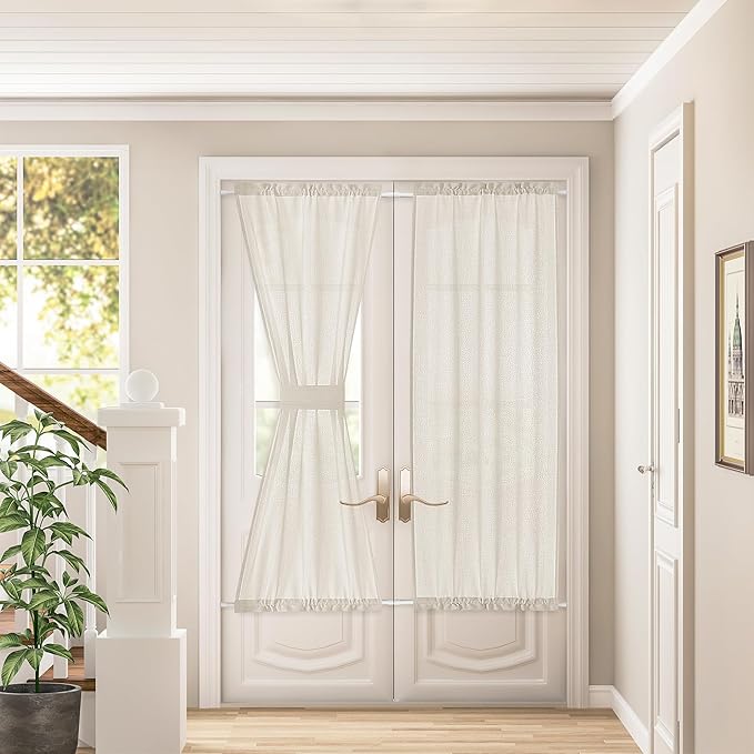 Decorative Door Curtains Light Filtering Drapes Rod Pocket Semi Transparent Natural French Farmhouse 2 Panels Linen Curtains Privacy Added W35 x L72 for Glass Sliding Door
