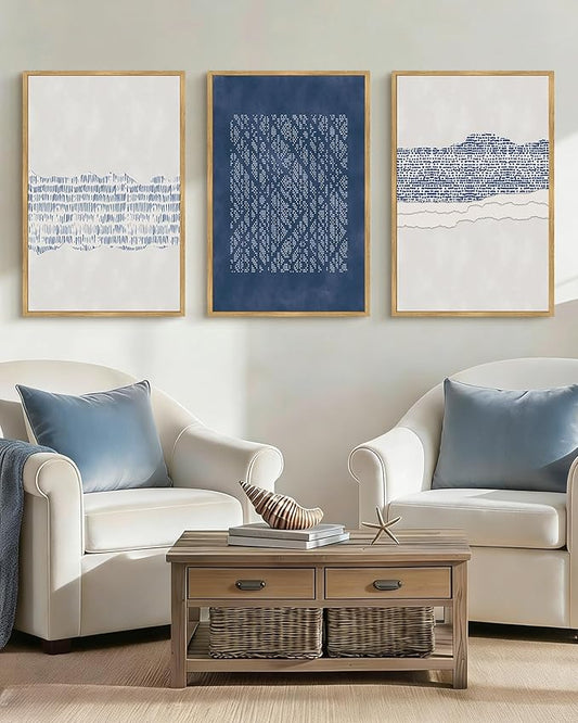 Drsoum Blue Abstract Boho Framed Wall Art Large 24x36in Minimalist Mid-Century Modern Wall Decor Geometric Artwork Kitchen Dining Room Black Framed
