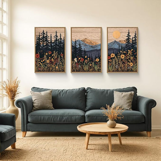 Houria Mid Century Woodland Mountain Framed Canvas Wall Art Set,Vintage Natural Sunset Wildflower Forest Field Decor,Wilderness Boho Floral Pine Tree Landscape Artwork for Living Room,Office-24"x36"x3