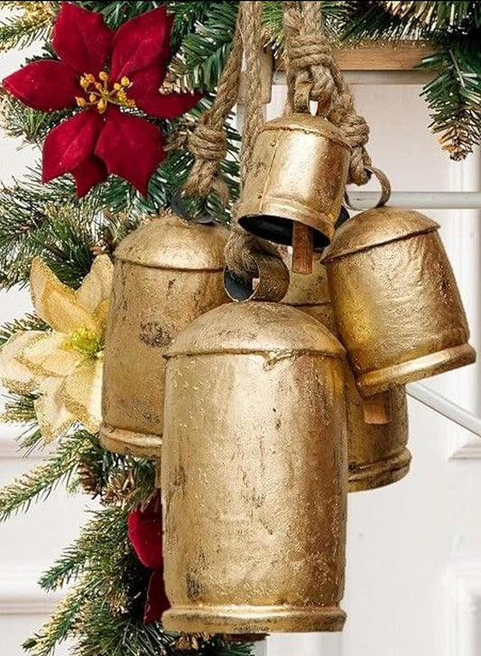 Large Vintage Gold Cow Bells for Rustic Christmas Decor Hanging Bells on Rope Set of 3 Harmony Cow Bells Vintage Handmade Rustic Lucky (Set of 3, 6,8,10 inches)