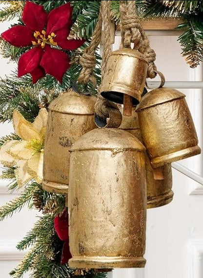 Large Vintage Gold Cow Bells for Rustic Christmas Decor Hanging Bells on Rope Set of 3 Harmony Cow Bells Vintage Handmade Rustic Lucky (Set of 3, 4,6,8 inches)