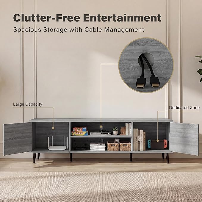 YESHOMY Mid-Century Modern TV Stand for 65-70 Inch TVs, 63 Inch Entertainment Center with Storage, Media Console with Push-to-Open Doors and Cable Management for Living Room, Bedroom(Light Gray)