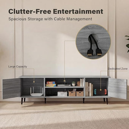 YESHOMY Mid-Century Modern TV Stand for 65-70 Inch TVs, 63 Inch Entertainment Center with Storage, Media Console with Push-to-Open Doors and Cable Management for Living Room, Bedroom(Light Gray)