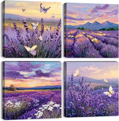 Purple Lavender Wall Art Bedroom Wall Decor Abstract Butterfly Scenery Pictures for Living Room Watercolor Sunset Forest Paintings Canvas Prints Mountain Posters Artwork Home Decoration 12x12” 4Pcs