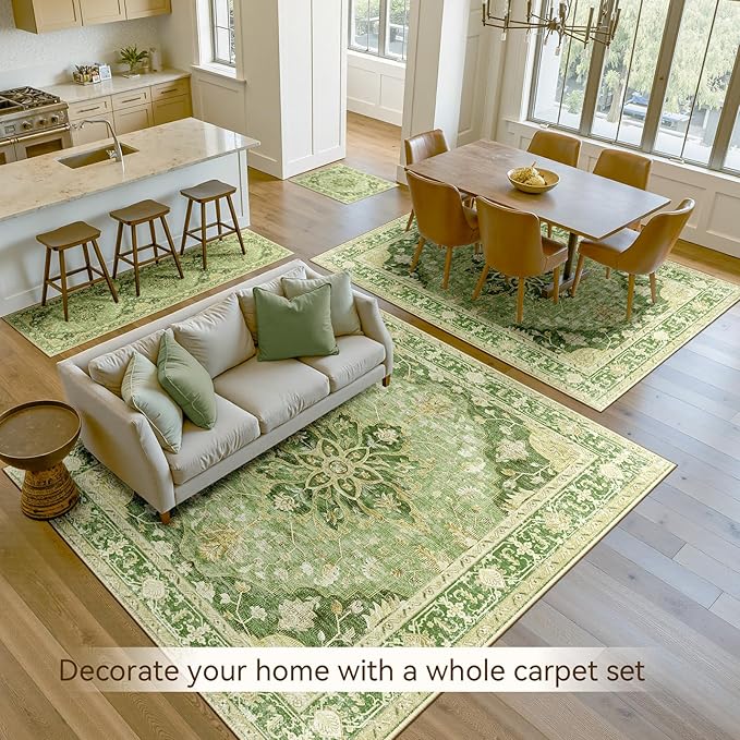 RELEANY Area Rugs 3'x5' Washable Non-Slip, Floral Vintage Distress Print Pattern Medallion Carpet for Living Room Bedroom Dining Room, Sage Green Yellow