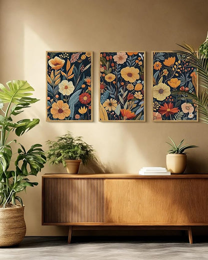 Drsoum Vintage Flower Wall Art Framed Retro Bohemian Boho Colorful Floral Plant Rustic Artwork Nature Botanical Wildflower Prints Bedroom Living Room Ready to Hang 16x24in Natural Framed