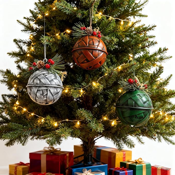 Christmas Bells, Christmas Jingle Bell Decorations with Pinecones and Berries Festive Decor with Real Bell Sound - Holiday Decor for Christmas Tree, Wreath, 3 Pack (White, Red & Green)