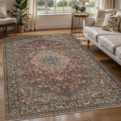 Tangsoo Vintage 3x5 Rug for Bedroom,Non-Slip Soft Low Pile Red Brown Indoor Area Rug,Washable Boho Carpet for Front Porch Living Room Patio Entryway
