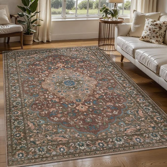 Tangsoo Vintage 3x5 Rug for Bedroom,Non-Slip Soft Low Pile Red Brown Indoor Area Rug,Washable Boho Carpet for Front Porch Living Room Patio Entryway