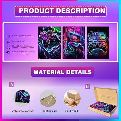 BGFCE Game Room Decor Posters Set of 3 - Neon Gaming Accessories Theme Canvas Wall Art, Gamer Console Paintings Picture Wall Decor for Children Youth Boys Bedroom 12x16 inch Framed