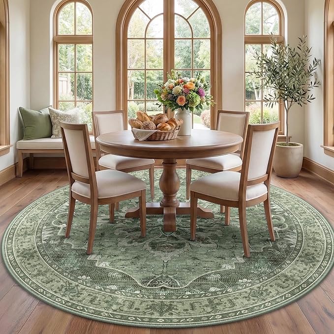 RELEANY Area Rugs Round 7ft Washable Non-Slip, Floral Vintage Distress Print Pattern Medallion Carpet for Living Room Bedroom Dining Room, Dark Green Gray