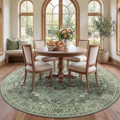 RELEANY Area Rugs Round 7ft Washable Non-Slip, Floral Vintage Distress Print Pattern Medallion Carpet for Living Room Bedroom Dining Room, Dark Green Gray