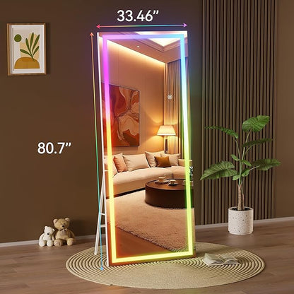 Hasipu 81"x33" LED RGB Bluetooth Home Gym Mirror Full Length with Lights, Wall Mount & Free Standing Full Body Mirror for Bedroom Workout Yoga, Detachable Stand, 7 Color & Brightness Adjustable