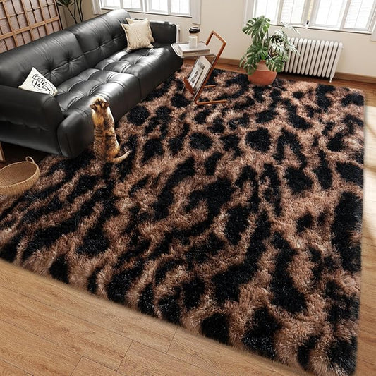 Shag Rugs for Bedroom, 4x6 Tie-Dyed Brown Leopard Soft Fuzzy Rugs for Living Room, Fluffy Shaggy Plush Cheetah Carpet Kids Room Dorm Upgrade Non-Slip