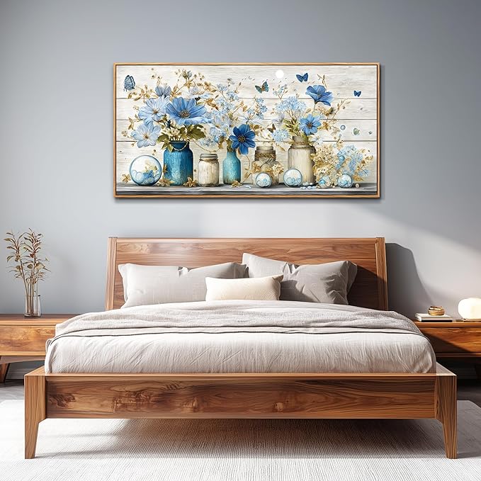 Wapluam Large Framed Wall Art,Floral Wall Art Bedroom,Blue Flowers Painting Prints,Retro Rustic Pictures Wall Decor,Farmhouse Canvas Artwork for Living Room Bathroom Kitchen Home Office Decoration