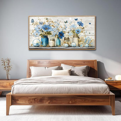 Wapluam Large Framed Wall Art,Floral Wall Art Bedroom,Blue Flowers Painting Prints,Retro Rustic Pictures Wall Decor,Farmhouse Canvas Artwork for Living Room Bathroom Kitchen Home Office Decoration