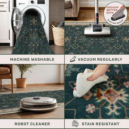 Hazo Haus Dark Green 2x8 Non Slip Kitchen Runner Rugs - Modern Vintage Boho Eclectic Floral Pattern, Washable Low Pile Non-Slip 8ft Long Runner Rugs for Hallway, Entrance