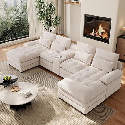 134"U Shaped Sectional Couch for Living Room, Modern Chenille 6 Seat Living Room Sofa Set with Storage Console, Oversized Modular Sectional Fluffy Couch with Tufted Buttons & Chaise Lounge,Beige