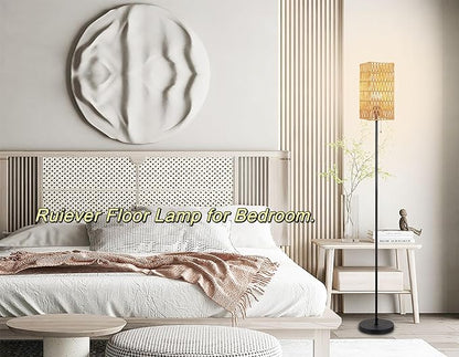 Ruiever Floor Lamp for Living Room,Farmhouse Floor lamp,Modern Standing lamp with Hand-Worked Rattan Shade (Square Shade-3 Color Blub)