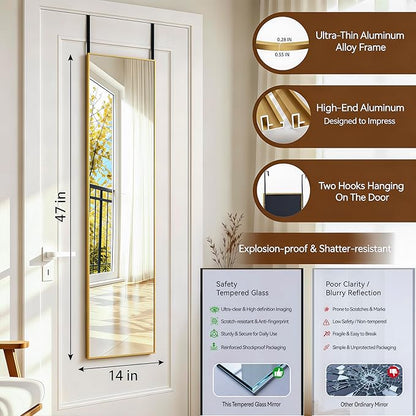 NARCISSUS 47x14 Mirror Door Hanging Full Length,Over Door or Wall Mounted Aluminum Alloy Frame Tempered Glass Rectangle Full Body Mirrors for Bedroom Dressing Living Room Bathroom 47 inch Gold