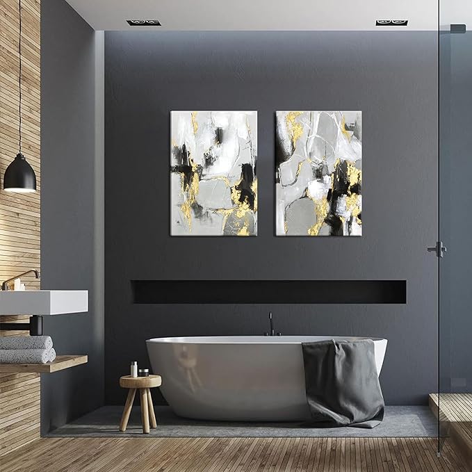Framed Abstract Black Gold Wall Art Set of 2, Modern Black White Gold Canvas Prints Poster Picture for Living Room, Bedroom and Office Wall Decor 16 x 24 Inch