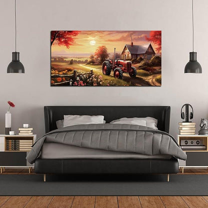 ANCXWOTER Canvas Wall Art Sunset Landscape Canvas Prints Vintage Red Tractor for Living Room Bedroom Office Home Decor Country Farmhouse Artwork 29x59 Inch
