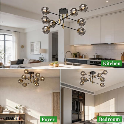 8-Light Sputnik Chandelier Modern Matte Black and Gold Ceiling Light, Glass Globe Hanging Light Fixture for Dining Room, Kitchen Island, Bedroom, Living Room