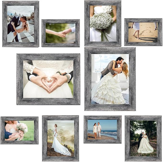 xnlkros Picture Frame Set 10 pack, Farmhouse Photo Frames, Gallery Wall Frame Collage, 8x10 5x7 4x6 Frames in 3 Different Finishes Picture Frames For Wall or Desk,Rustic Black