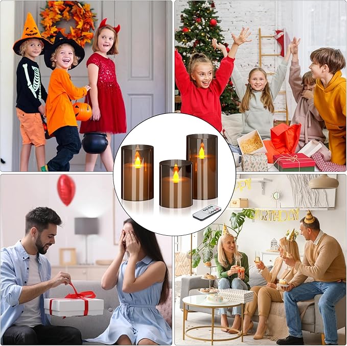 Flameless Candles 4" 5" 6" Acrylic Glass Pillars 3" Diameter Battery Operated Flickering Candles Include Remote with 24Hour Timer Function 400+ Hours by 2 AA Batteries (Gray, Warm Light 9 Pack)