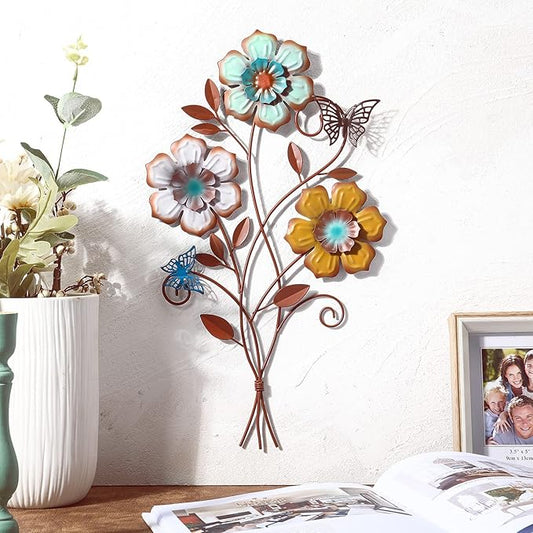 Moxweyeni Tricolor Flower Wall Decor Vintage Metal Wall Art Decor Rustic Hanging Flowers Decorative Metal Floral Art for Home Living Room Bathroom Indoor Outdoor, 15 x 9.1 Inch(1 Piece)