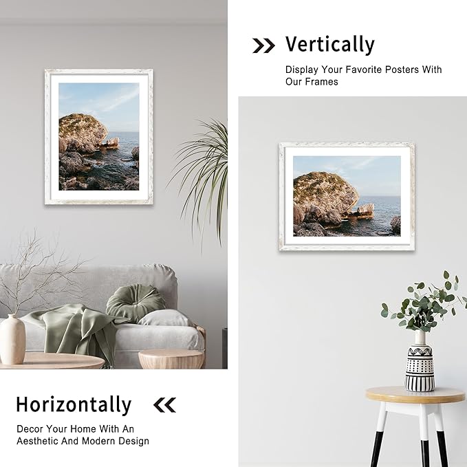 iRahmen 22x28 Poster Frame with 18x24 Mat - Plexiglass Wooden Picture Frames for Photo Wall Gallery Mounting (Distressed-White, Set of 2)