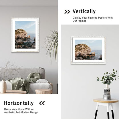iRahmen 22x28 Poster Frame with 18x24 Mat - Plexiglass Wooden Picture Frames for Photo Wall Gallery Mounting (Distressed-White, Set of 2)