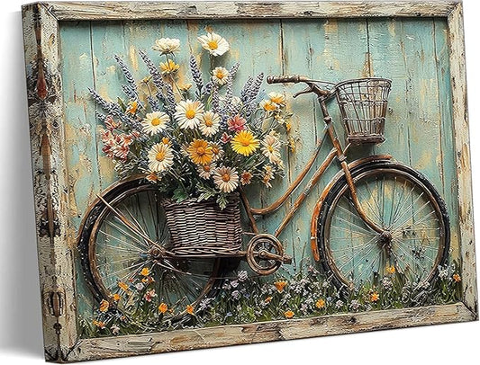 Rustic Farmhouse Daisy Floral Canvas Wall art Vintage Bicycle Flowers Painting Picture Wall Decor Flower Still Life Poster Print Artwork for Bathroom Living Room Bedroom Home Decoration